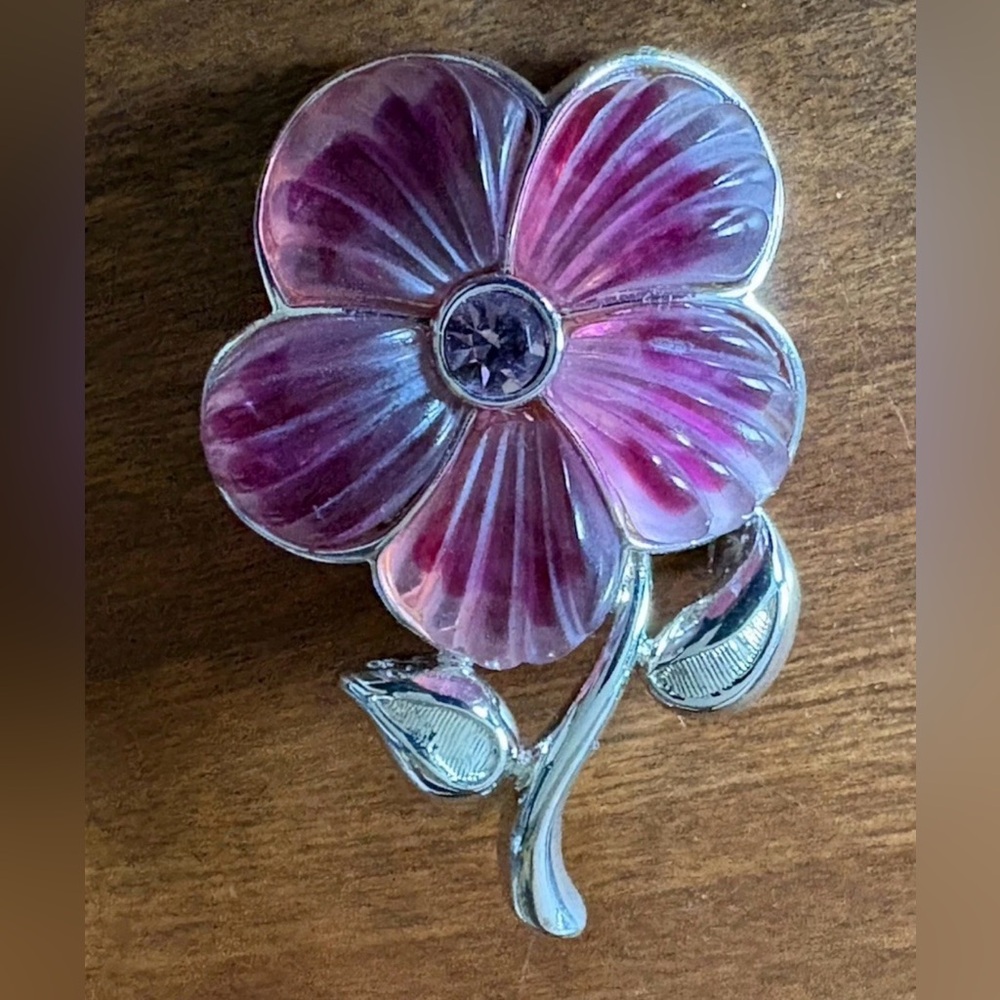 VTG Anne Klein Pink/Purple Lucite Rhinestone Silver Tone Floral Spring Brooch